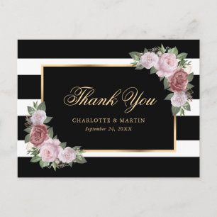 Black White Gold Blush Pink Floral Thank You Postcard