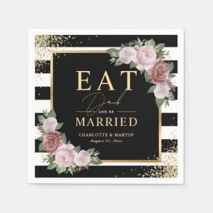 Black White Gold Blush Pink Floral Wedding Napkin