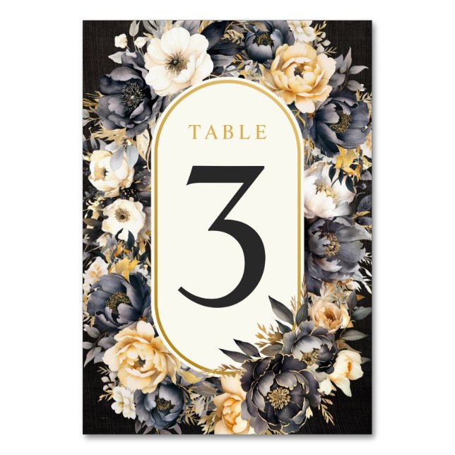 Black White & Gold Botanical Floral Table Card (Front)
