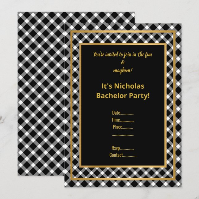 BLACK WHITE GOLD CHECK BACHELOR PARTY INVITE (Front/Back)