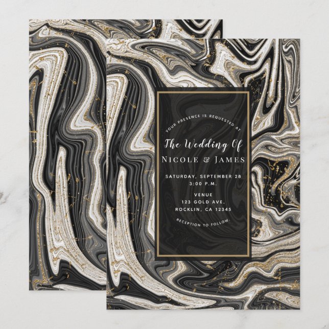 Black White & Gold Chic Swirl Modern Wedding Invitation (Front/Back)