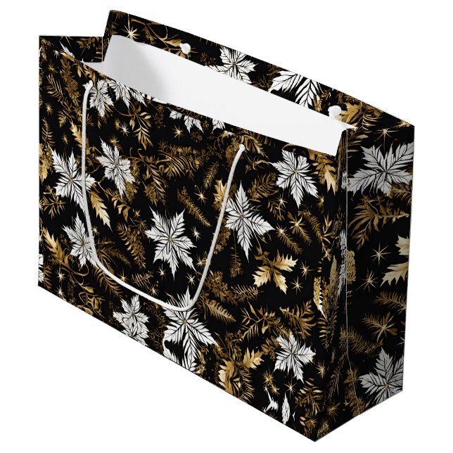 Black White Gold Christmas Flower Large Gift Bag (Front Angled)