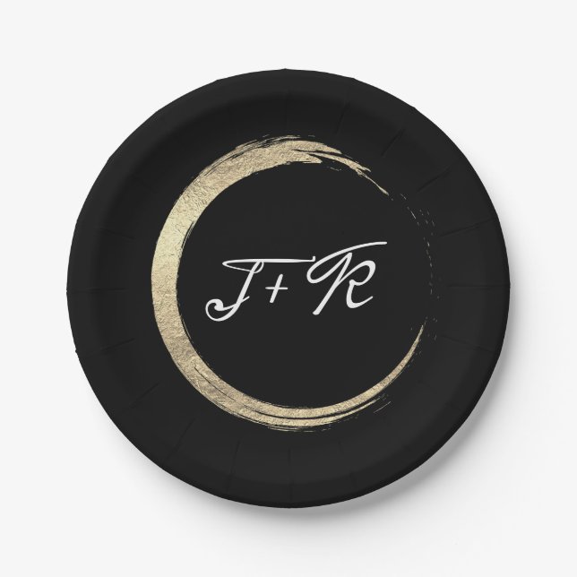 Black White Gold Circle Monogram Initials Minimal Paper Plate (Front)