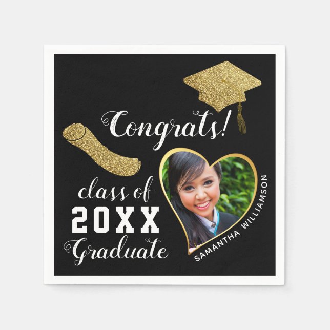 Black White Gold Class 2025 Grad Photo Graduation Napkin (Front)