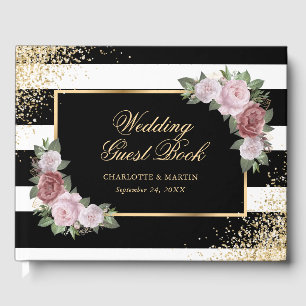 Black White Gold Confetti Blush Floral Wedding Guest Book