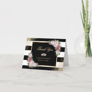 Black White Gold Confetti Blush Pink Floral Thank You Card