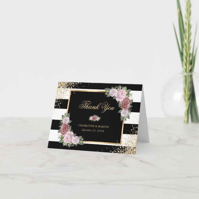 Black White Gold Confetti Blush Pink Floral Thank You Card (Front)