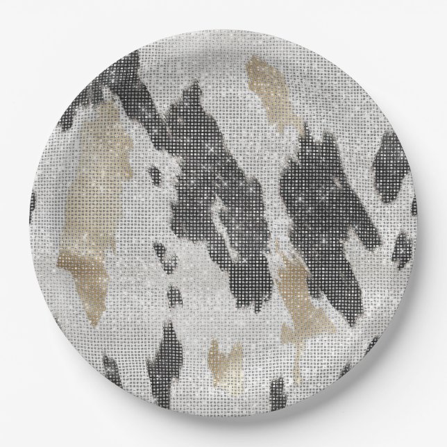 Black White Gold Cow Animal Print Sparkle Birthday Paper Plate (Front)