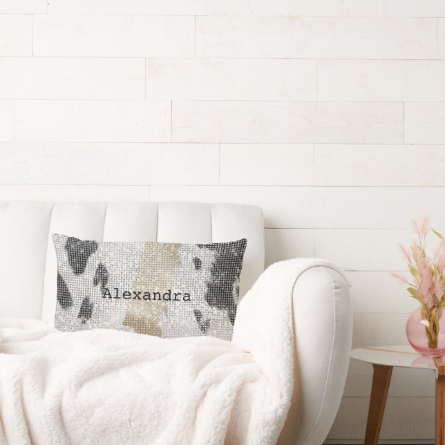 Black White Gold Cow Animal Print Sparkle Lumbar Pillow (Couch)