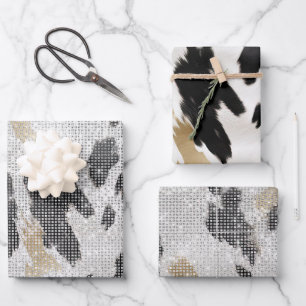 Black White Gold Cow Animal Print Sparkle Wrapping Paper Sheet