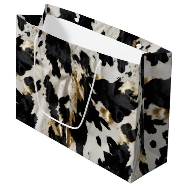 Black White Gold Cowgirl Cowhide Large Gift Bag (Front Angled)