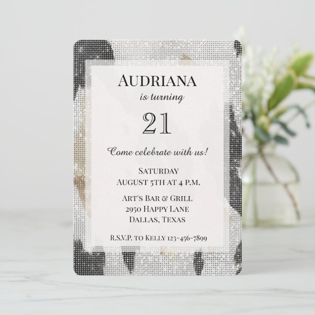 Black White Gold Cowhide Cowgirl Sparkle Birthday Invitation (Standing Front)