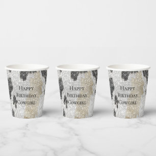 Black White Gold Cowhide Cowgirl Sparkle Birthday Paper Cups
