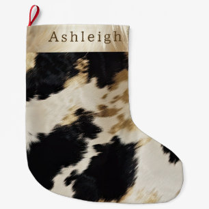 Black White Gold Cowhide Large Christmas Stocking