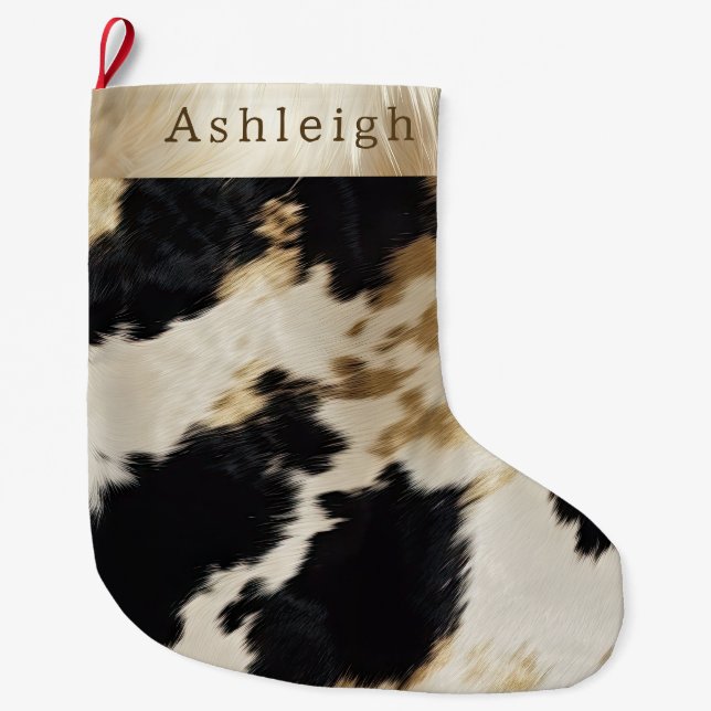 Black White Gold Cowhide Large Christmas Stocking (Front)
