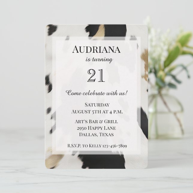 Black White Gold Cowhide Western Birthday Invitation (Standing Front)
