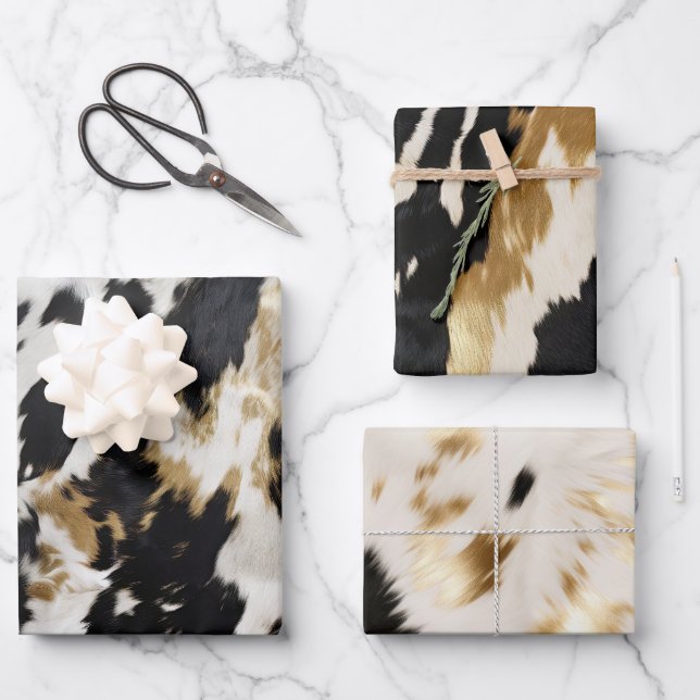 Black White Gold Cowhide Wrapping Paper Sheet (Front)