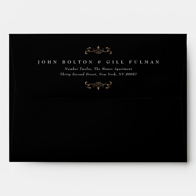 black white gold crest return address wedding envelope (Back (Top Flap))