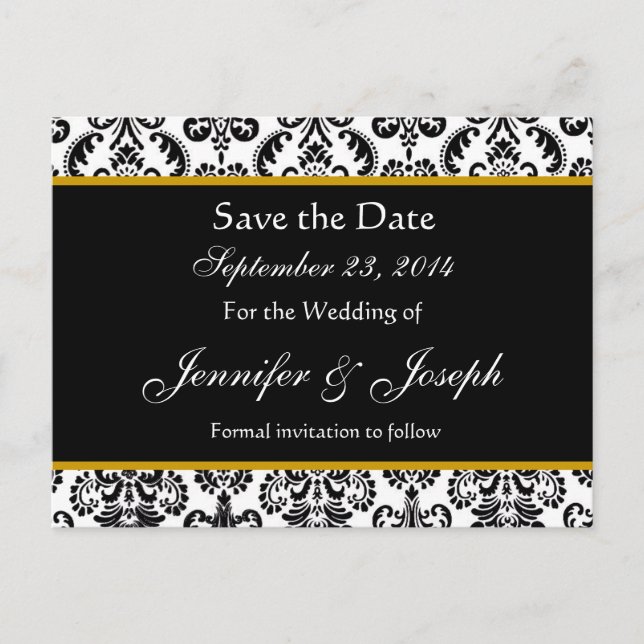 Black White Gold Damask Save Date Postcard (Front)