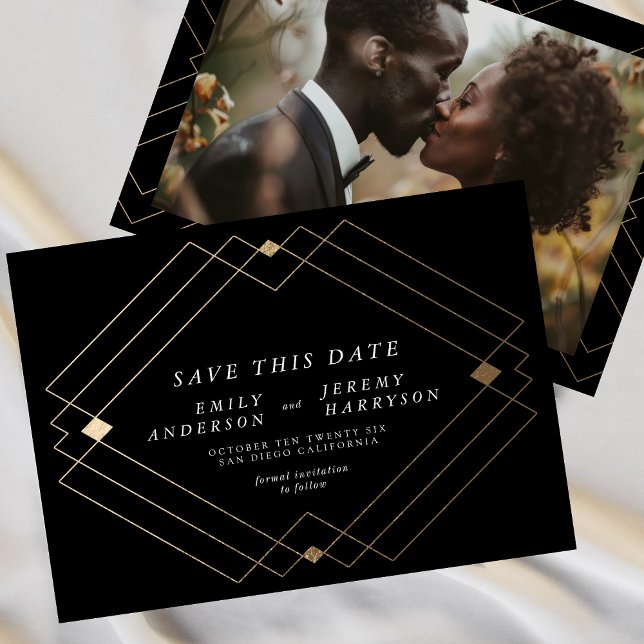 Black & White | Gold Deco Lines Save The Date Announcement (Creator Uploaded)
