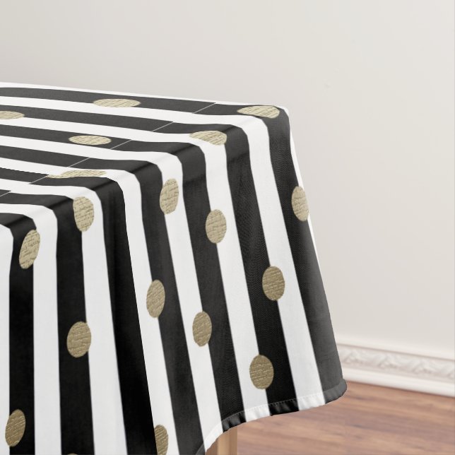 Black, White & Gold Dot & Stripe Tablecloth (In Situ)
