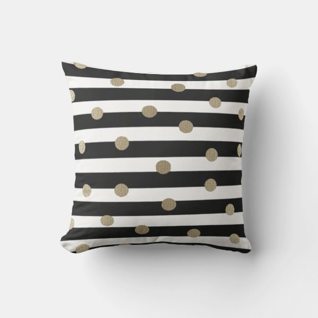 Black, White & Gold Dot & Stripe Throw Pillow (Front)