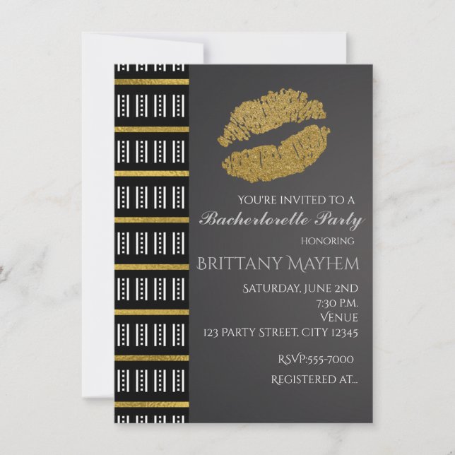 Black White & Gold Faux Shimmer Lips Kiss Party Invitation (Front)