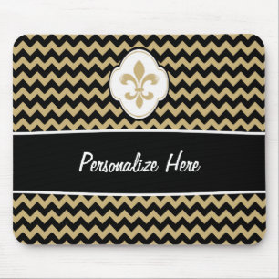 Black White Gold Fleur de Lis Chevron Stripes Mouse Pad