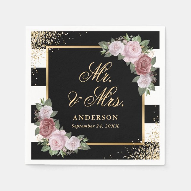 Black White Gold Floral Mr and Mrs Wedding Napkin (Front)