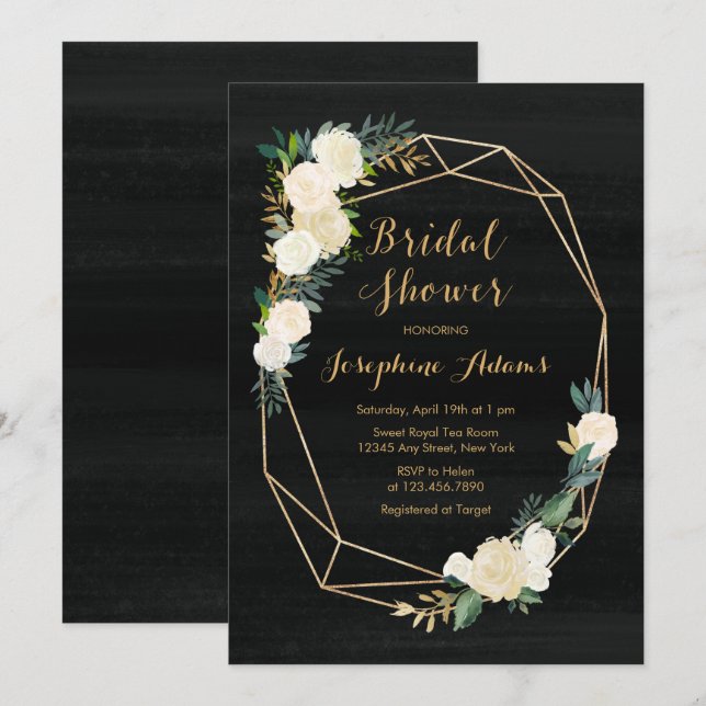 Black White Gold Floral Watercolor Bridal Shower Invitation (Front/Back)