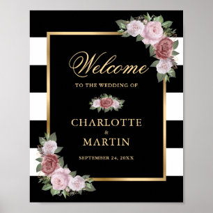 Black White Gold Floral Wedding Welcome Sign