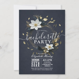 Black White Gold Floral Wreath Bachelorette Party Invitation