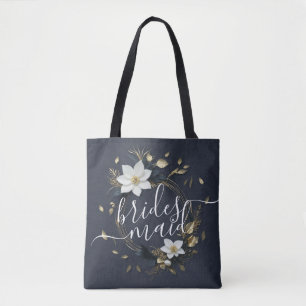 Black White Gold Floral Wreath Wedding Bridesmaids Tote Bag