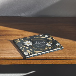 Black White Gold Floral Wreath Wedding Guest Book