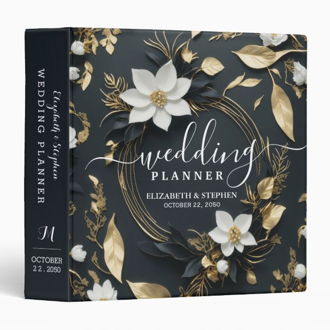 Black White Gold Floral Wreath Wedding Planner Binder (Front/Spine)