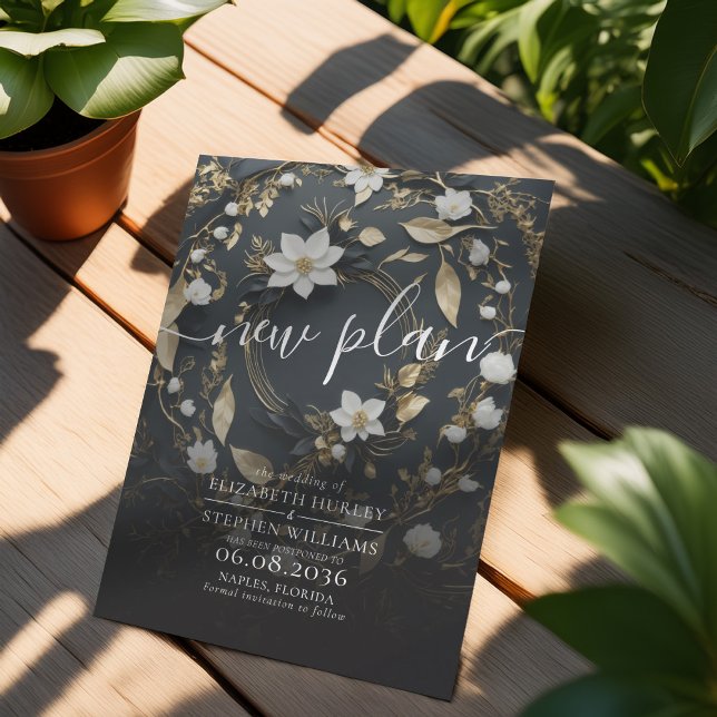 Black White Gold Floral Wreath Wedding Postponed Save The Date (Creator Uploaded)