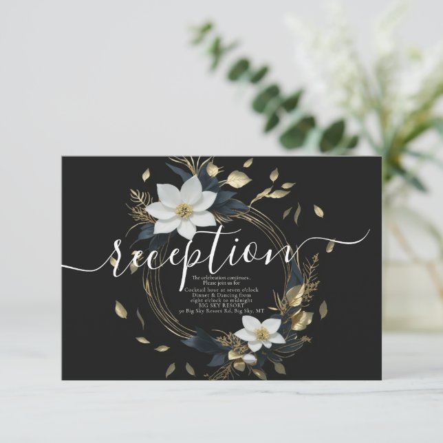 Black White Gold Floral Wreath Wedding Reception Enclosure Card (Standing Front)