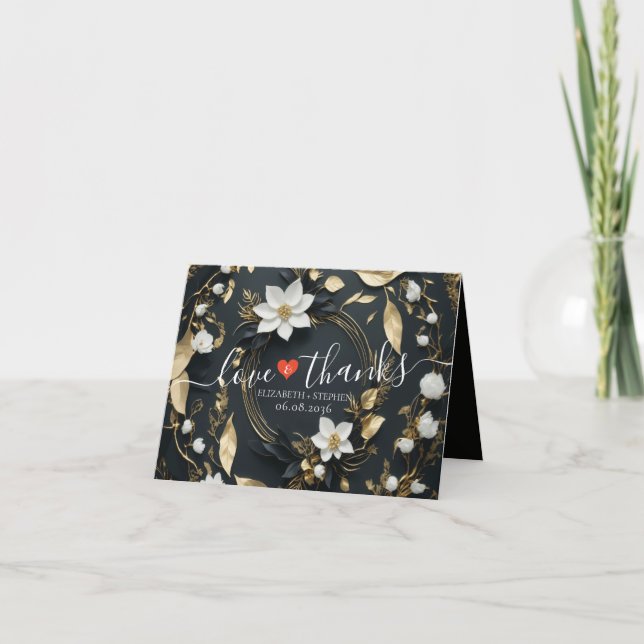 Black White Gold Floral Wreath Wedding Thank You (Front)