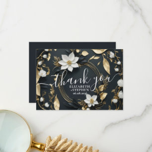 Black White Gold Floral Wreath Wedding Thank You Card