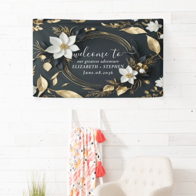 Black White Gold Floral Wreath Wedding Welcome Banner (Insitu)