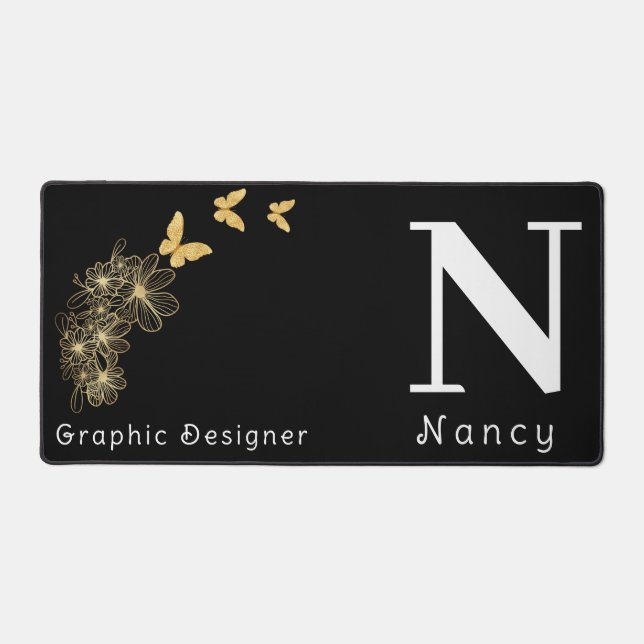 Black white gold flower butterfly minimalist desk mat (Front)