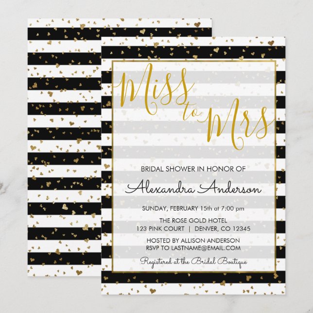 Black & White Gold Foil Miss to Mrs Bridal Shower Invitation (Front/Back)