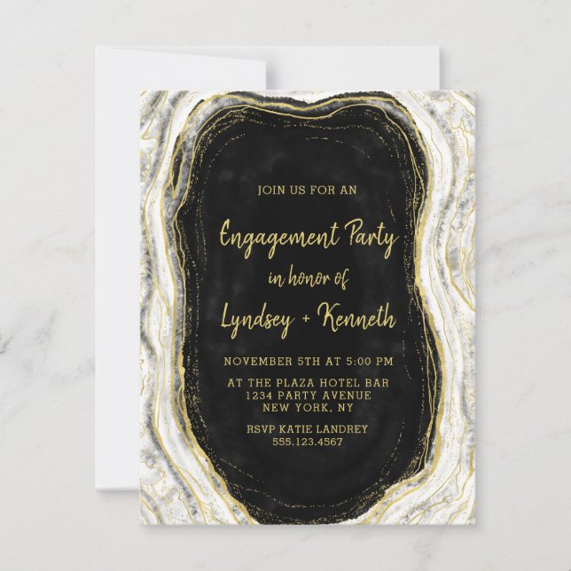 Black White & Gold Geode Agate Engagement Party Invitation (Front)