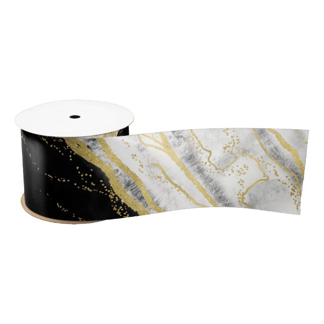 Black White & Gold Geode Agate Marble Wedding Satin Ribbon (Spool)