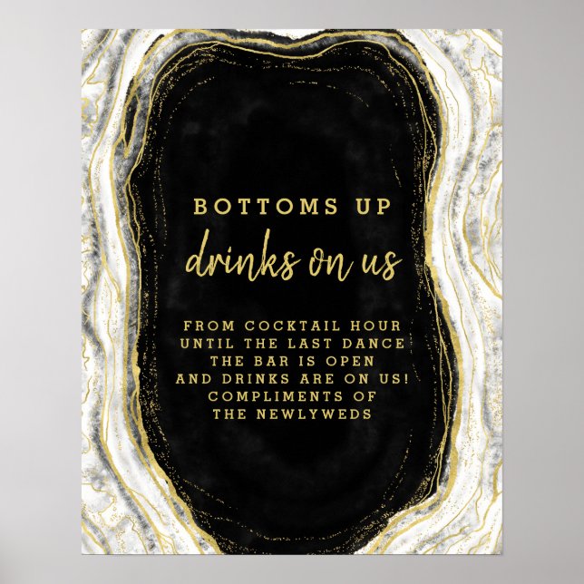 Black White & Gold Geode Agate Open Bar Table Sign (Front)