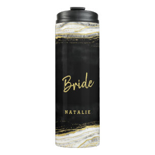 Black White & Gold Geode Agate Personalized Bride Thermal Tumbler