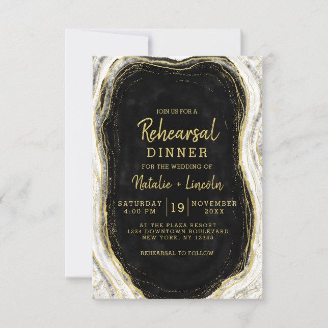 Black White & Gold Geode Agate Rehearsal Dinner Invitation (Front)