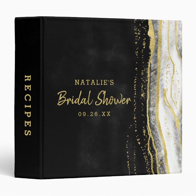 Black White & Gold Geode Agate Shower Recipe Card Binder (Front/Spine)