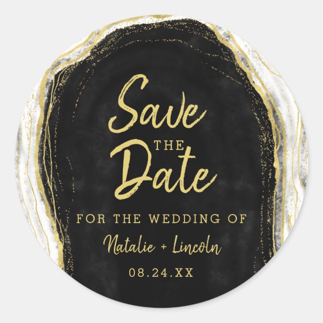 Black White & Gold Geode Agate Slice Save the Date Classic Round Sticker (Front)