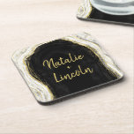 Black White & Gold Geode Agate Wedding Monogram Coaster<br><div class="desc">Black White & Gold Geode Agate Marble, With Sparkling Gold foil accents, and Modern trendy brushed script font. Onyx Black, Dark Grey, and white stone look, is luxurious and modern for your wedding - Personalized Wedding Dinner Reception Table Decor Monogram Coasters! ~ Check my shop to see the entire wedding...</div>